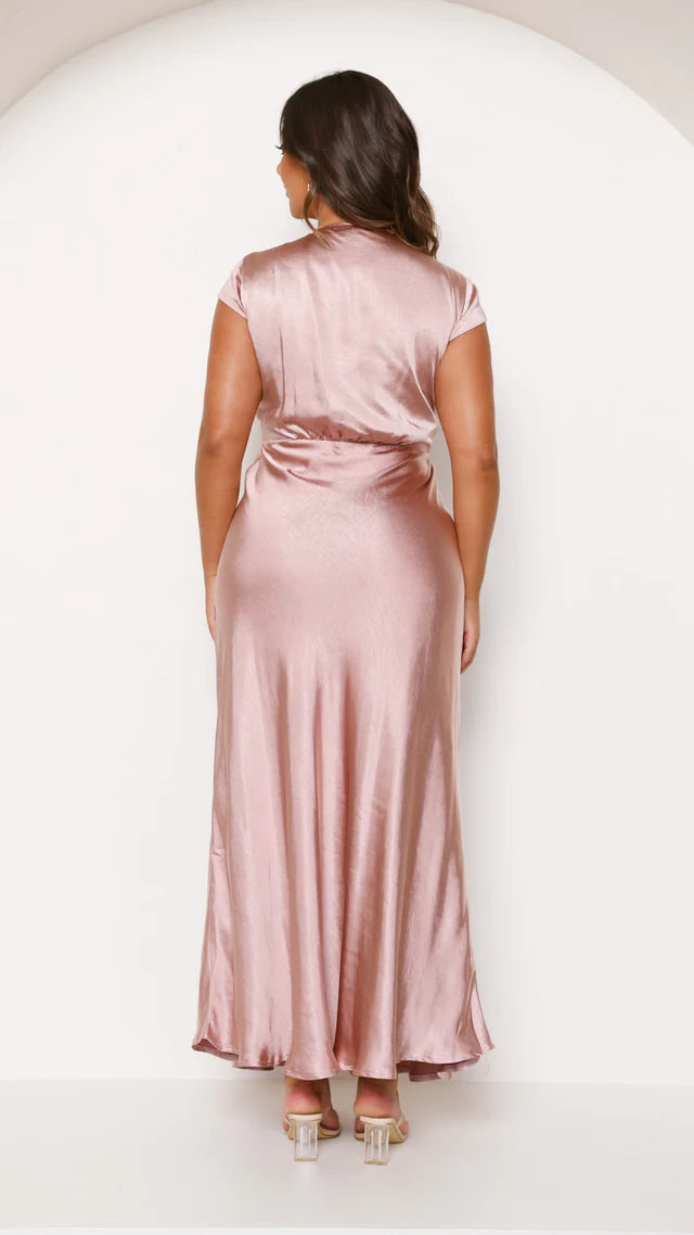Jimiss deep V-neck short sleeved satin and floor length Prom dress